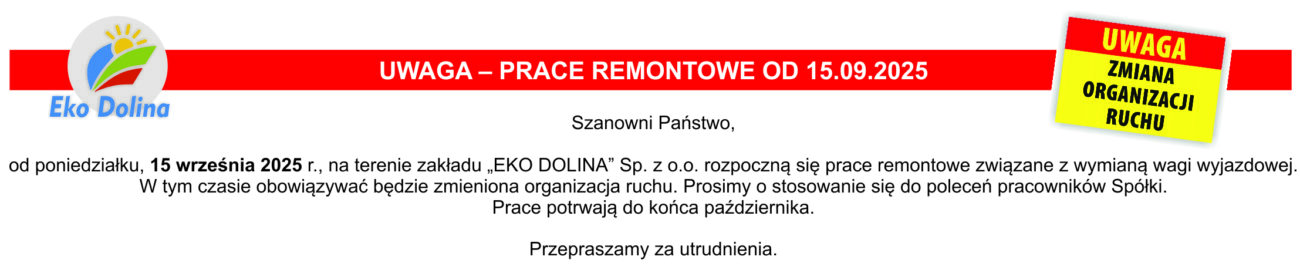 UWAGA – PRACE REMONTOWE OD 15.09.2025